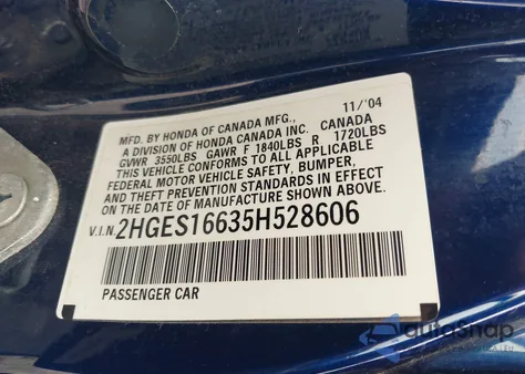 2005 Honda Civic Lx из США, поврежденный, VIN 2HGES16635H528606